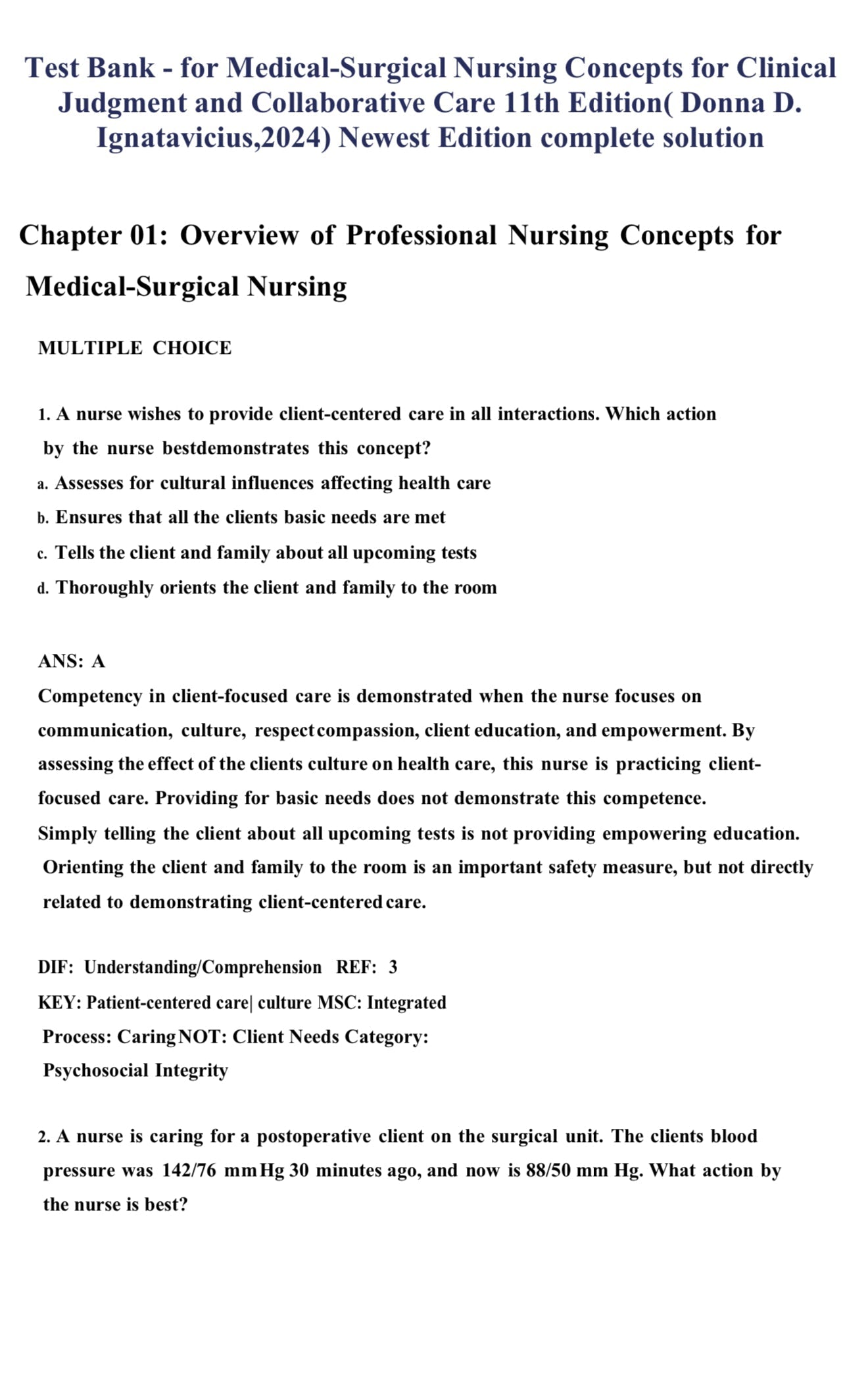 Test Bank for Medical-Surgical Nursing: Concepts for Clinical Judgment and Collaborative Care, 11th Edition by Ignatavicius